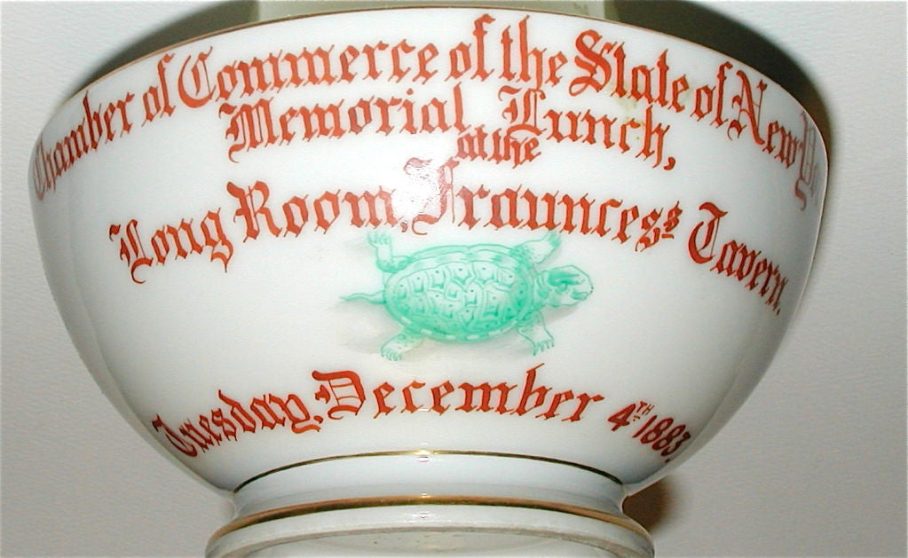 PORCELAIN COMMEMORATIVE BOWL, C.1883, 5.5” DIA. X 2.5” H

“Chamber of Commerce of the State of New York Memorial Lunch at the Long Room of Fraunces’ Tavern, Tuesday, December 4th, 1883”

Marked “C F H” on bottom. Excellent condition, an