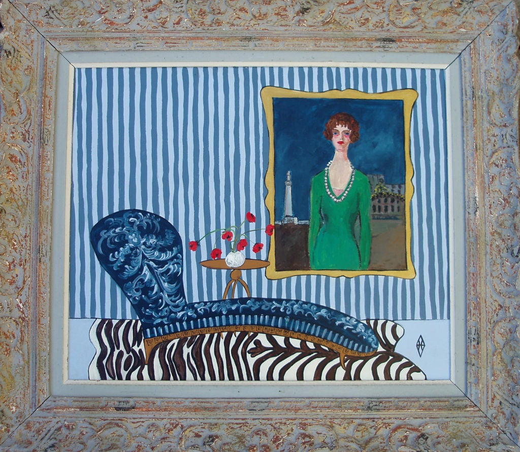 A whimsical interior painting, acrylic on board framed.