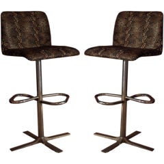 Vintage A Pair of French Chromed Steel Barstools in Python Upholstery