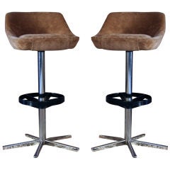 Vintage A Pair of Tall French Bar Stools in Light Brown Velvet