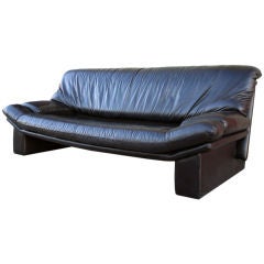 Retro Large Scale French Black Leather Ligne Roset  Sofa