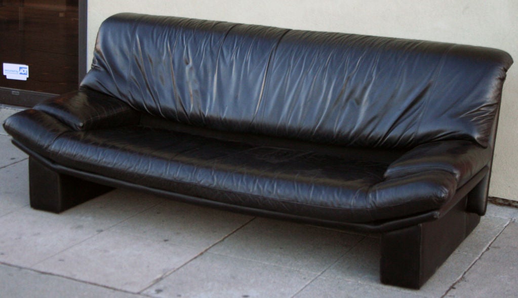 Down Large Scale French Black Leather Ligne Roset  Sofa