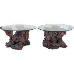 A Pair of  Burl Walnut Root Glass Topped EndTables
