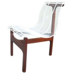 Minimalist Teak T Back and Plastic Grid Coated Metal Chair