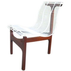 Minimalist Teak T Back and Plastic Grid Coated Metal Chair