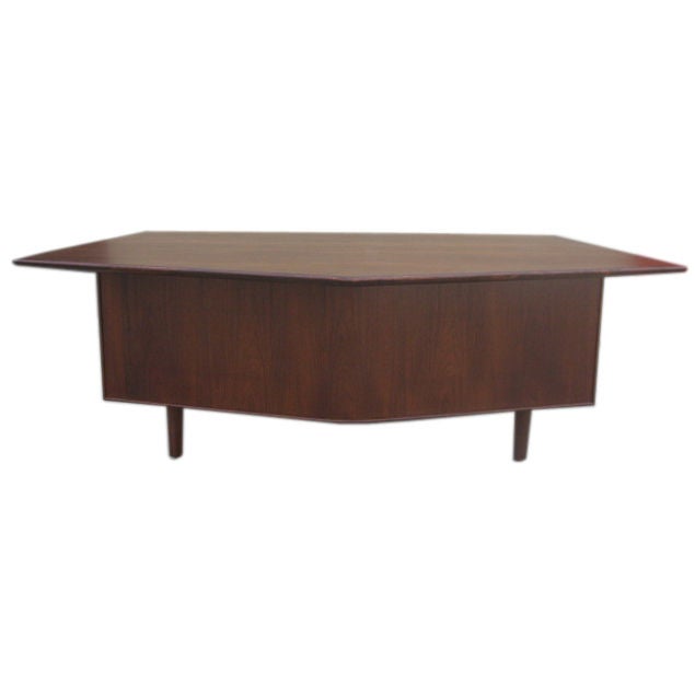 Trapezoidal Top and Front Walnut Executiv Desk by Hiebert