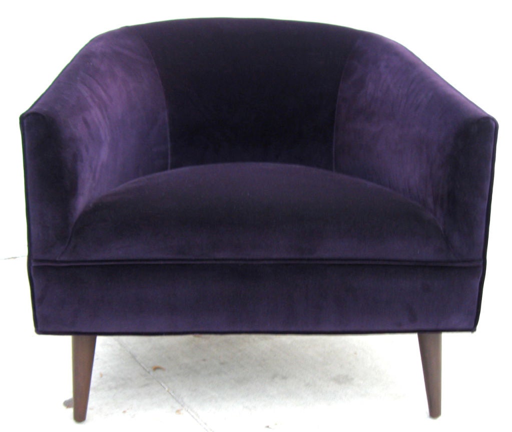 Pair of Tub Chairs in the style of Harvey Probber.  Legs are refinished in hand rubbed Espresso lacquer (darker than they appear in the photos) and the chairs have been freshly reupholstered in a luxurious quality, deep Aubergine Belgian velvet.