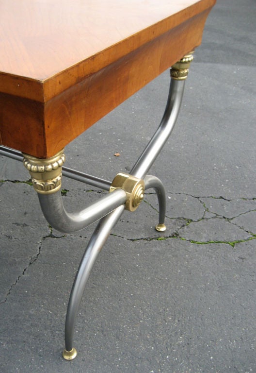 Italian NeoClassical Desk with Brushed Steel and Brass Curule Base