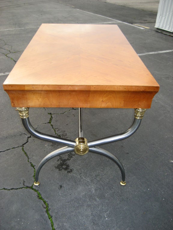 Mid-20th Century NeoClassical Desk with Brushed Steel and Brass Curule Base