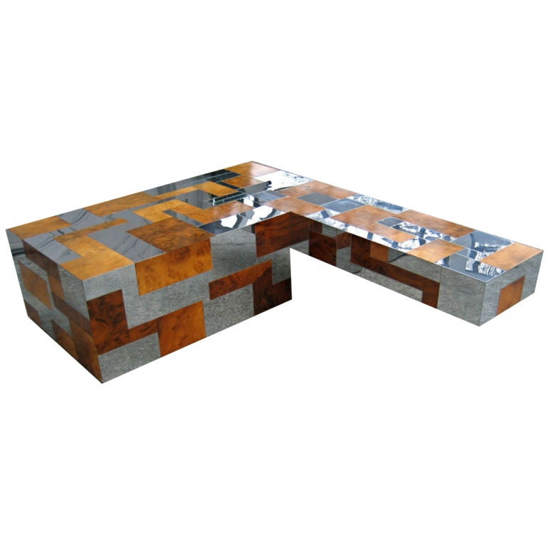 Burl and Chrome Cantilevered Coffee Table by Paul Evans