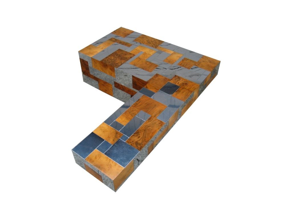 Cantilevered Coffee Table in Burl and Chrome from the Cityscape collection by Paul Evans for Directional.  Signed 