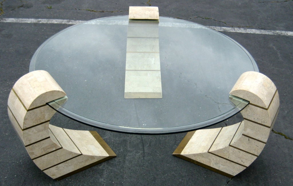 Tesselated Fossil Stone & Brass "Wave" Coffee Table