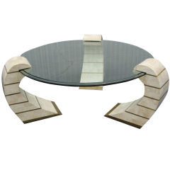 Vintage Tesselated Fossil Stone & Brass "Wave" Coffee Table