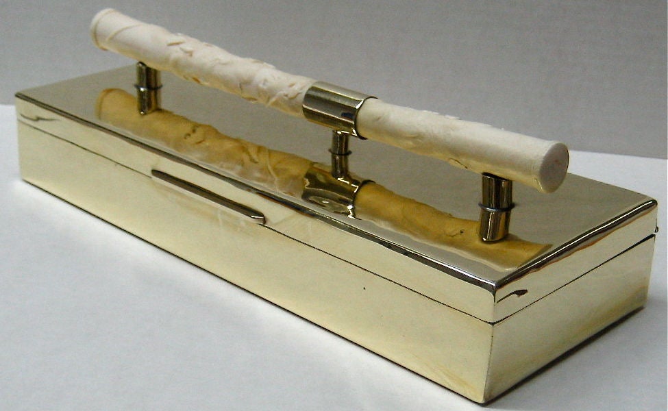 Hand Hammered Brass Box with Carved Ivory Handle
