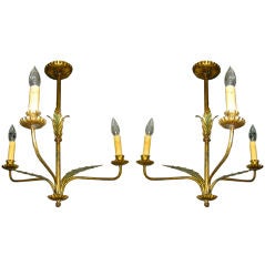 Pair of Three Arm Tole Chandeliers with Acanthus Leaf Ornaments