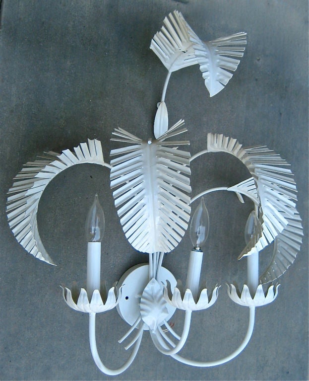 Large Pair of White painted Tole Palm Leaf Sconces with 3 arms.
