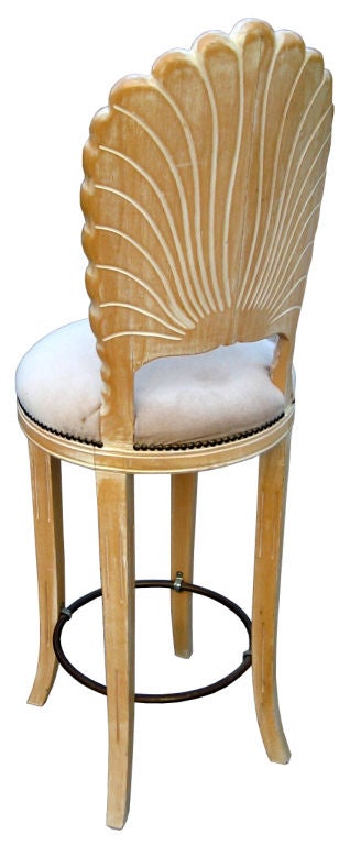 Glamorous set of Shell-Back Grotto style Bar Stools with Brass foot rests