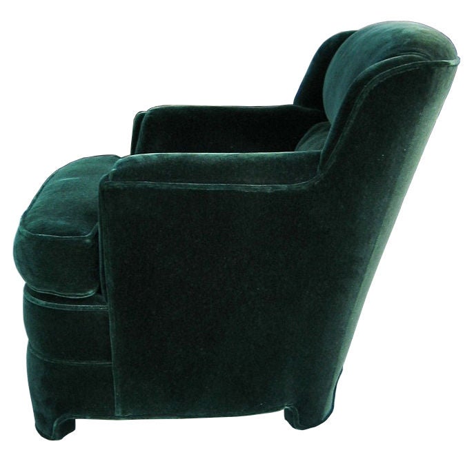 Luxurious pair of Club Chairs upholstered in Hunter Green Mohair.  These super comfortable and classic chairs have been freshly upholstered.