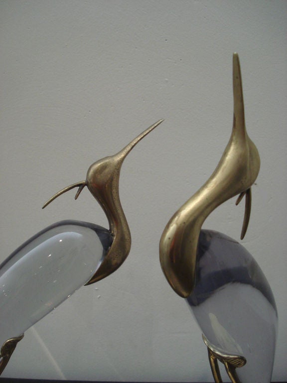 Pair of Glass  & Brass Birds Figurine. In Excellent Condition In Miami, FL