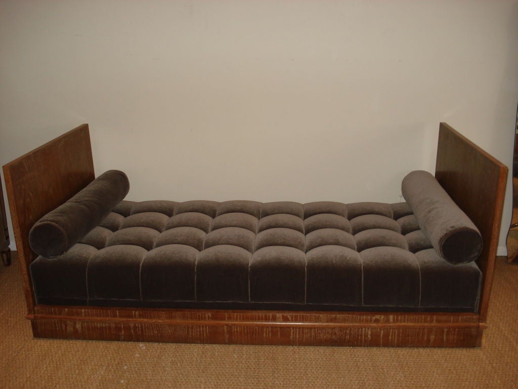 Amazing 1940`s French day bed.  Cerused oak, newly reupholstered with taupe mohair.