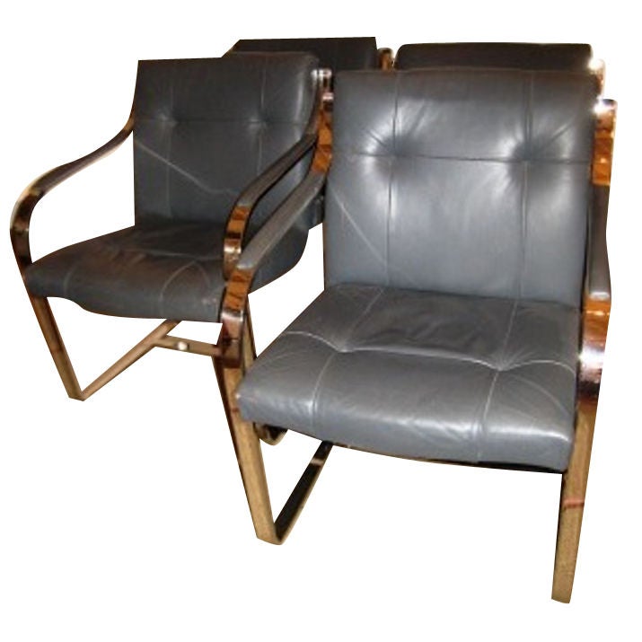 Four Mid-Century Modern Brueton Cantilevered Chrome/Leather Dinning Chairs For Sale