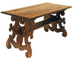 Italian Baroque Style Walnut & Inaid Trestle Form Coffee Table
