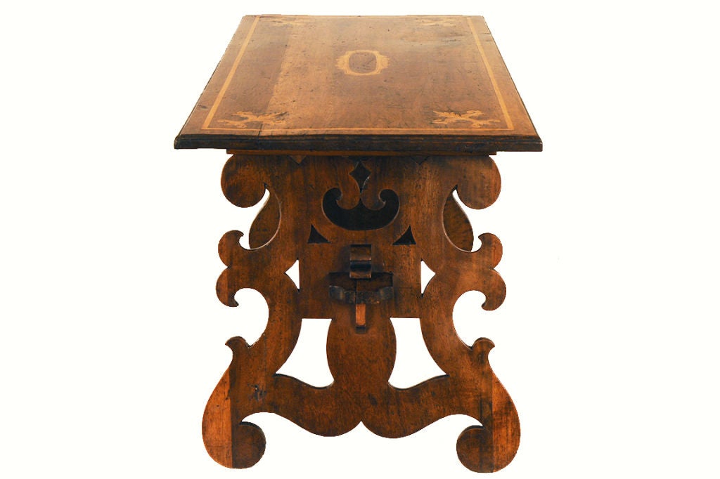 Italian Baroque Style Walnut & Inaid Trestle Form Coffee Table 2
