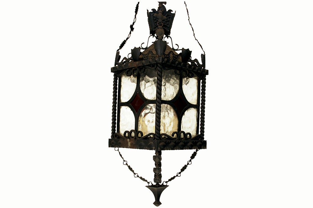 Spanish Baroque Style Wrought Iron Hanging Lantern In Excellent Condition In Atlanta, GA