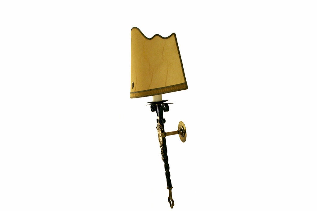 20th Century A Pair of Wrought Iron and Brass Shield-Form Wall Sconces