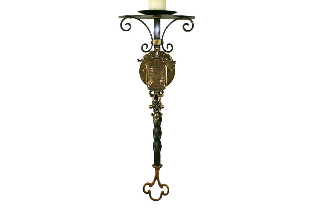A Pair of Wrought Iron and Brass Shield-Form Wall Sconces 2