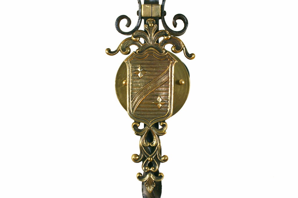A Pair of Wrought Iron and Brass Shield-Form Wall Sconces 3