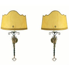 A Pair of Wrought Iron and Brass Shield-Form Wall Sconces