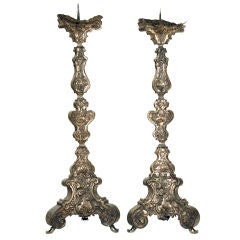 Pair of Italian Early Rococo LXIV Period Silvered BrassTorcheres