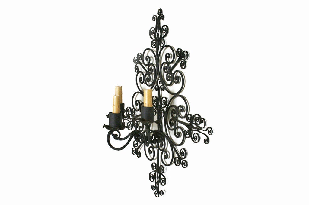 Pair of Spanish Wrought Iron Filigree 3-Light Sconces