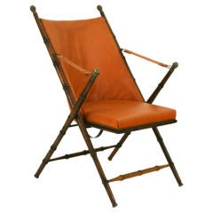 Continental Oak, Brass, and Faux Leather Folding Campaign Chair