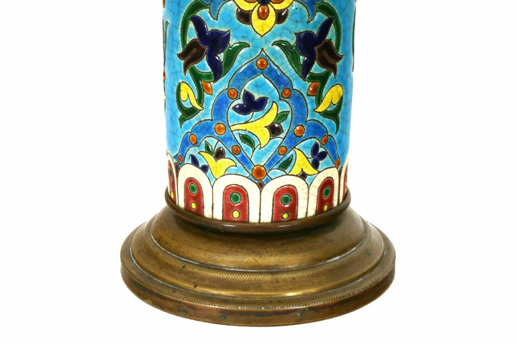 Painted French Glazed Pottery Vessel in the Style of Longwy Mounted on a Bronze Base For Sale