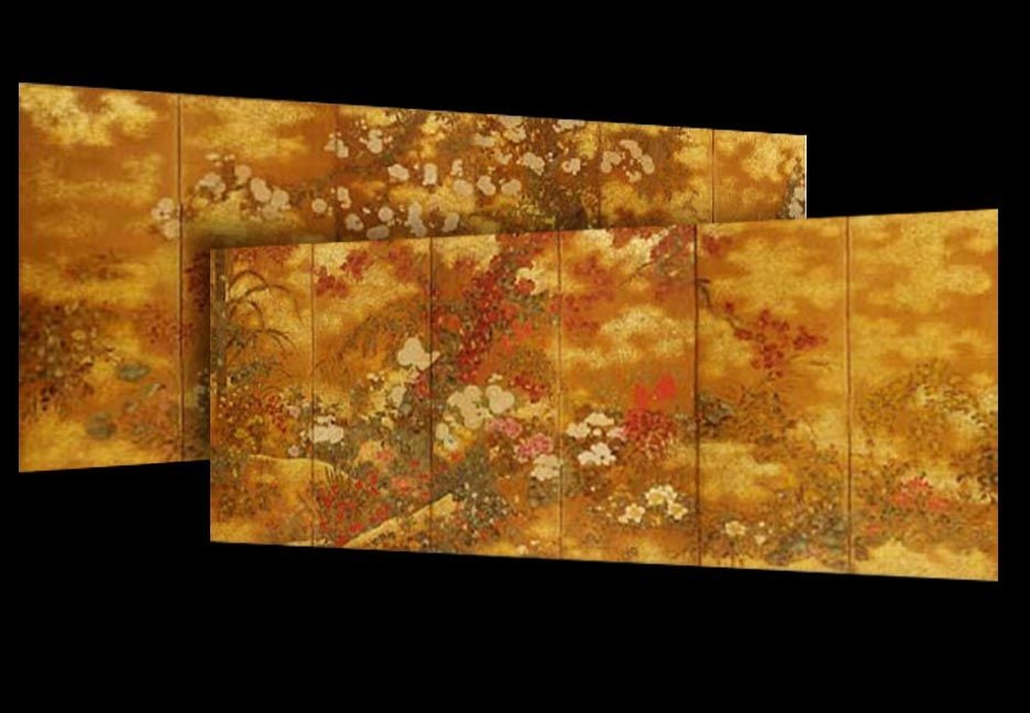 # T541 PAIR important Edo Period six-fold screens after Sotatsu, Rimpa School (front) and Yoshimura Shuzan (d. 1776) (back). Painted on both sides, the front richly decorated with a cornucopia of flowers and plants in ink, tarashikomi, gofun and the