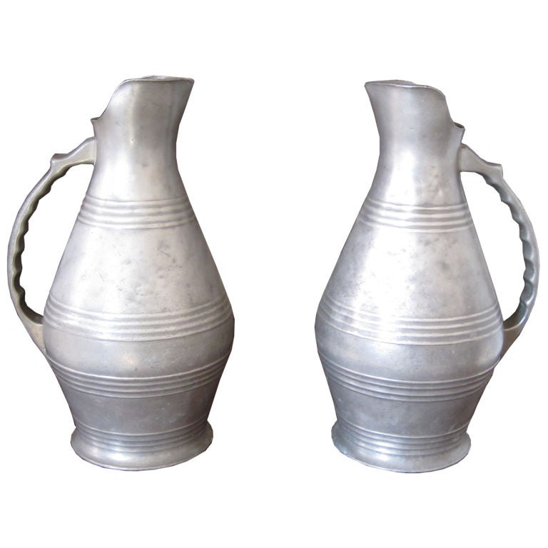 Huge 19th c. Pewter French Wine Pitchers or Broc a Vin For Sale
