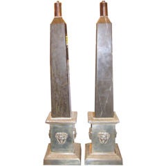 Pair of Silver Plated Bronze Lamps with Marble Obelisks