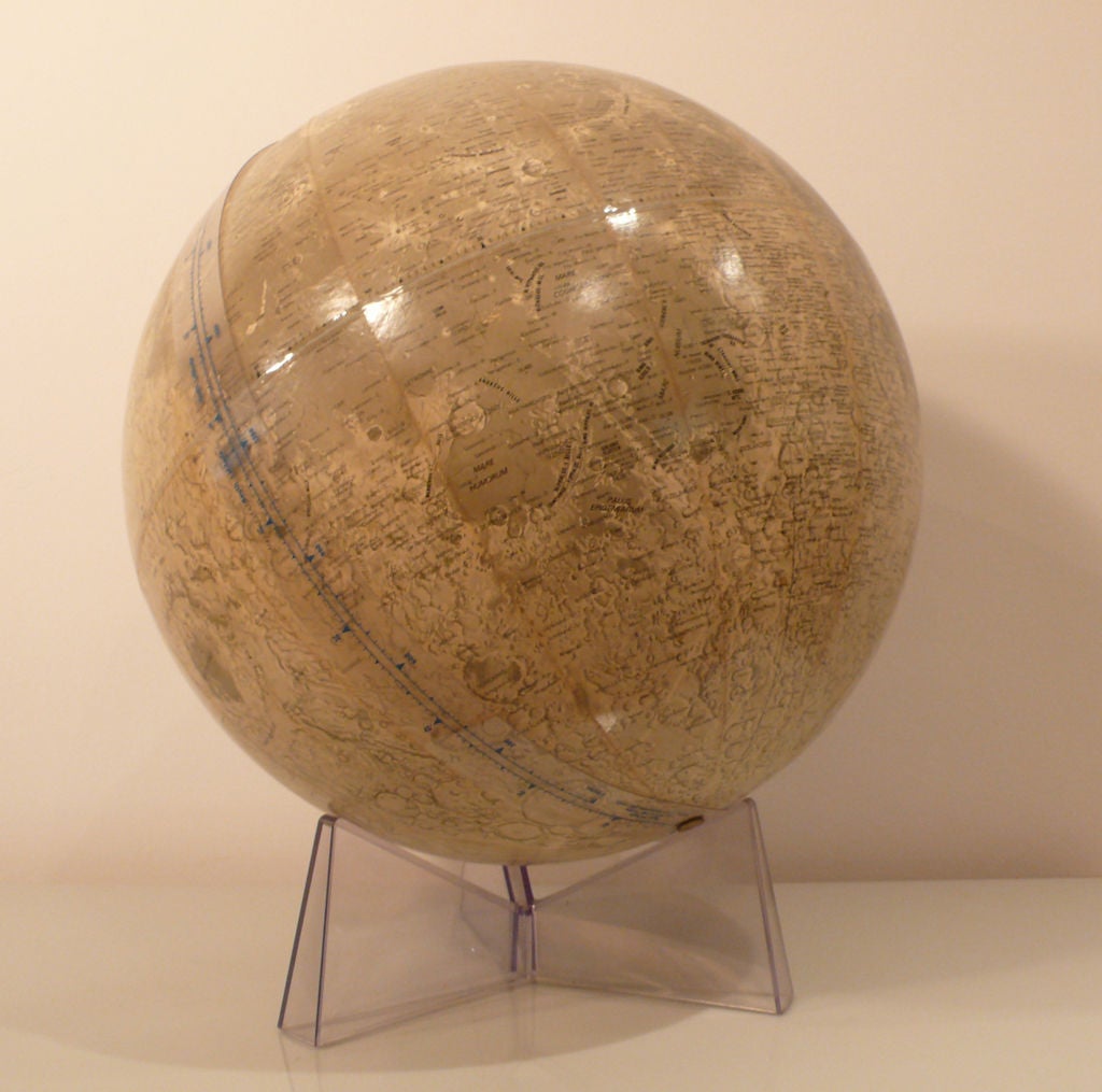 Classic moon globe on original lucite base produced by Rand McNally c. 1969.  Interest in the moon spiked after the moon landing, resulting in a number of astronomical productions, of which this was one of the best-looking.  Very good original