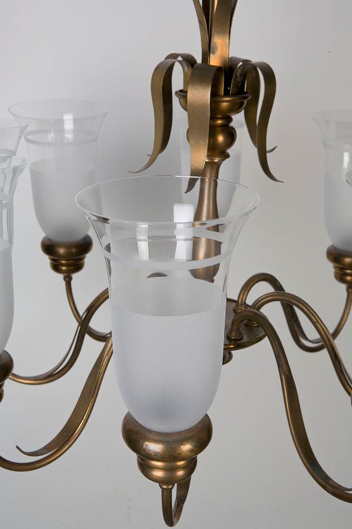 American E. F. Caldwell Brass Chandelier with Frosted Hurricane Glass Shades, Circa 1940s For Sale