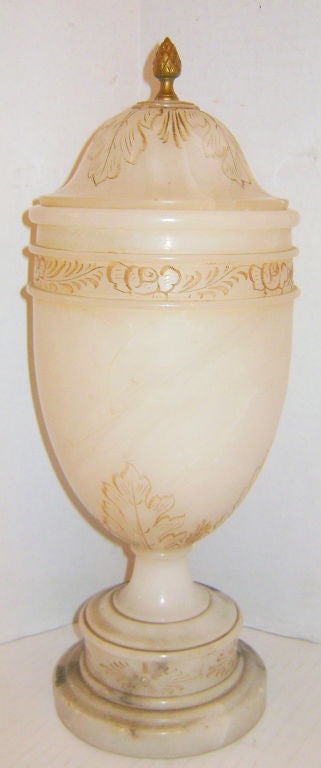 Paire de lampes de table italiennes des années 1920 en albâtre sculpté avec lumière intérieure.

Mesures :
Hauteur du corps : 12 pouces
Diamètre 6 cm.