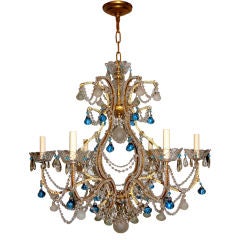 Beaded Gilt Chandelier with Blue Glass Beads Antique Beaded Gilt Chandelier with Blue Glass Beads