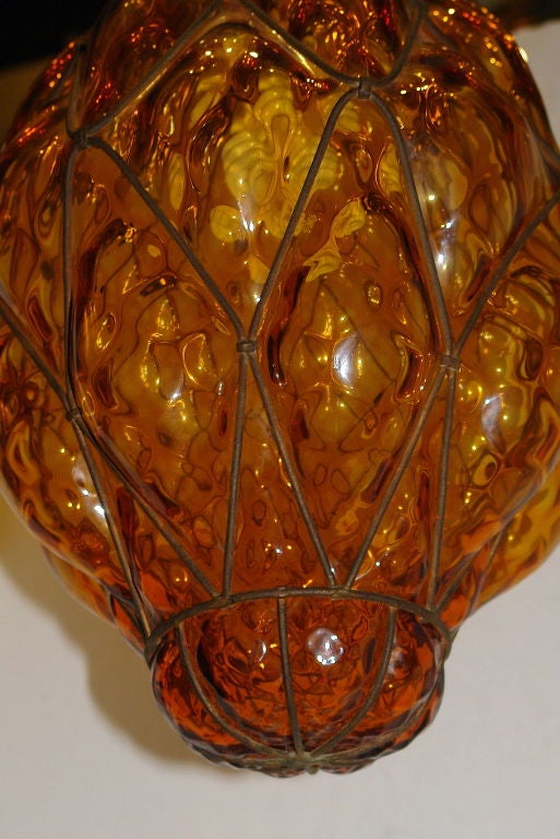 Italian Amber Glass and Metal Lantern For Sale