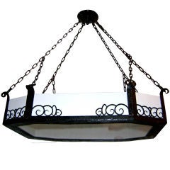 Rectangular Iron and Leaded Glass Deco Chandelier