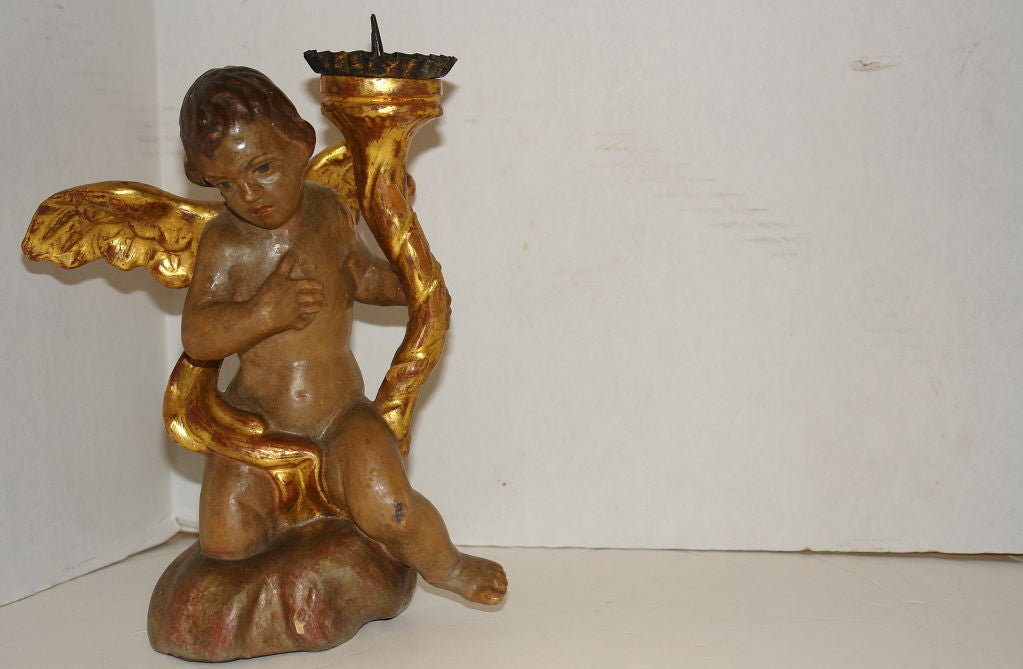 Carved Wood Angel Candlestick In Good Condition For Sale In New York, NY