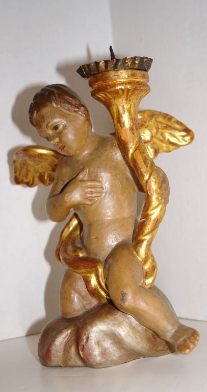 Italian Carved Wood Angel Candlestick For Sale