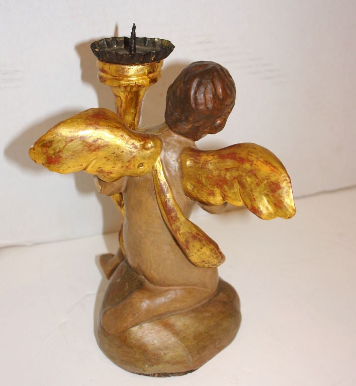 Carved Wood Angel Candlestick For Sale 1