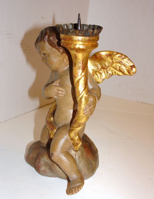 Early 20th Century Carved Wood Angel Candlestick For Sale