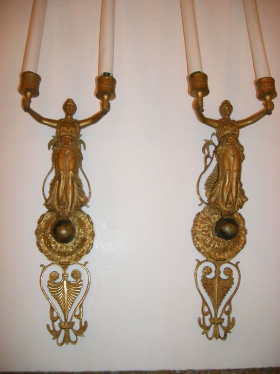 Bronze Pair of Large Empire Sconces For Sale